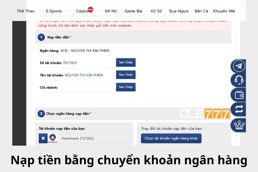 Nạp tiền bằng chuyển khoản Ngân hàng